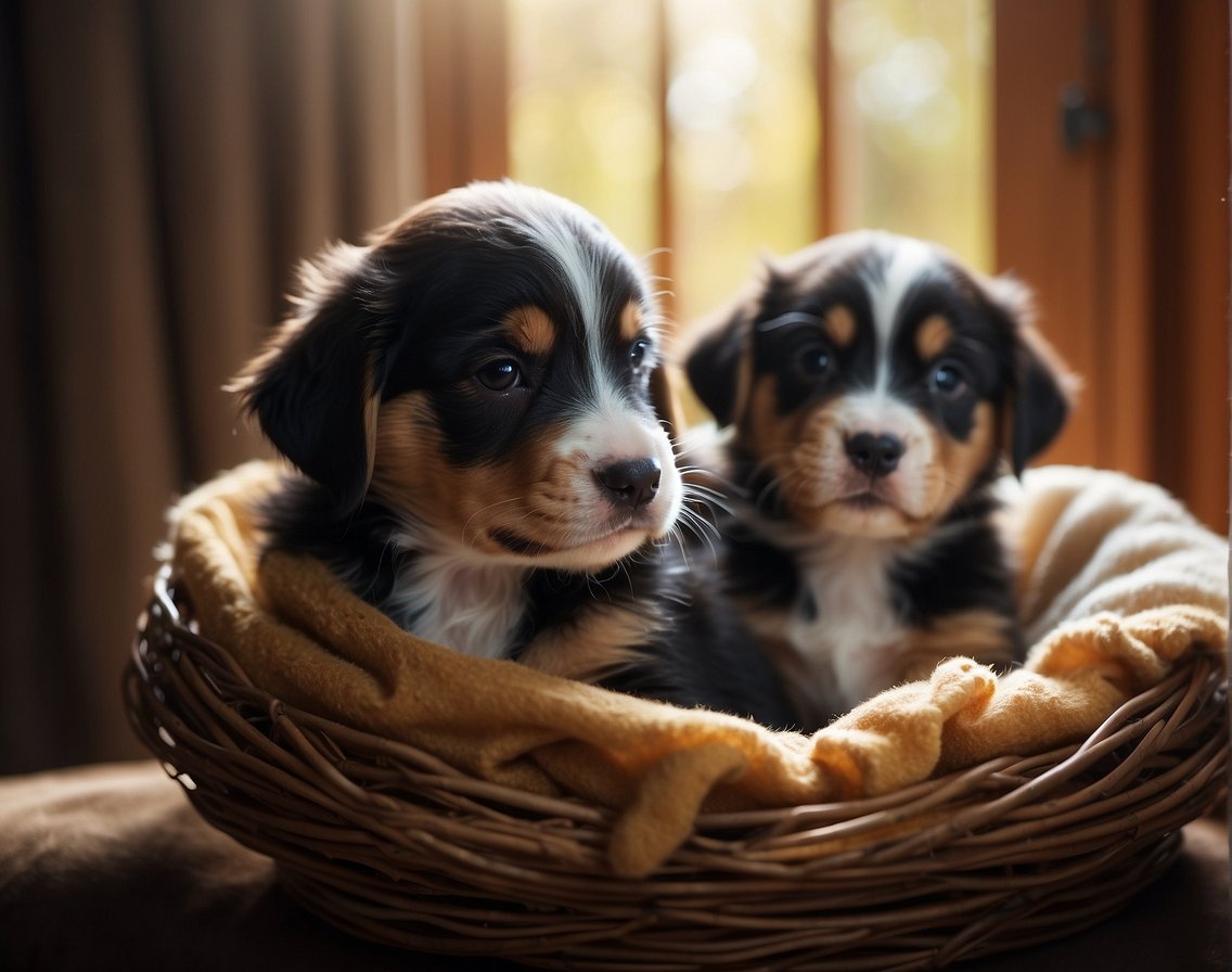 Newborn puppies in a cozy nest, eyes closed. Mother dog watches over them, providing warmth and comfort. Light streams in through a nearby window, creating a soft, warm glow in the room