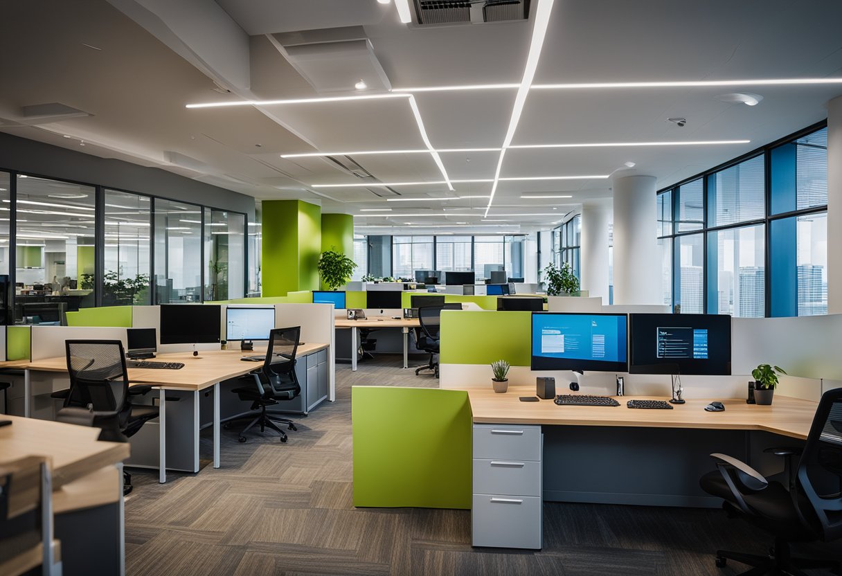 A vibrant office space with collaborative work areas, modern technology, and motivational quotes on the walls. Team members engaged in team-building activities and celebrating achievements
