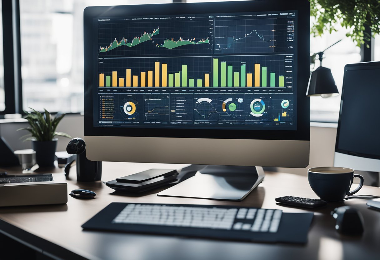 A computer screen displaying various digital tools for productivity enhancement, surrounded by charts and graphs showing increased business productivity