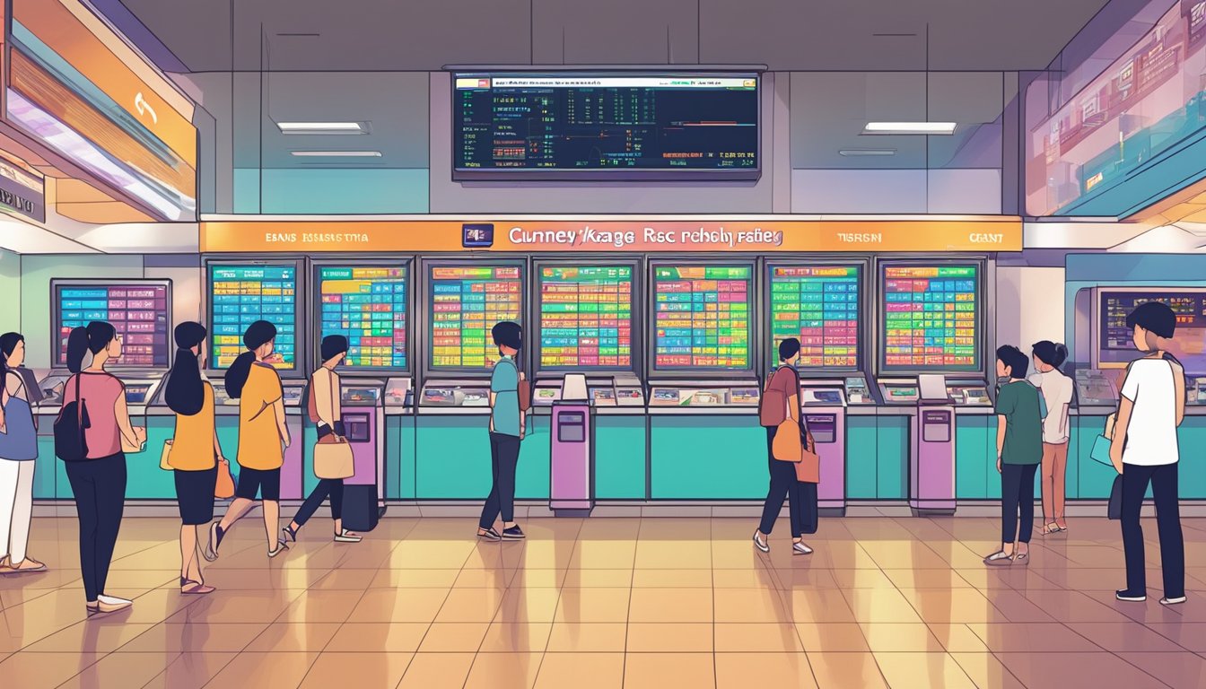 A bustling currency exchange arcade in Singapore, with colorful digital screens displaying exchange rates, and customers lining up at the counters