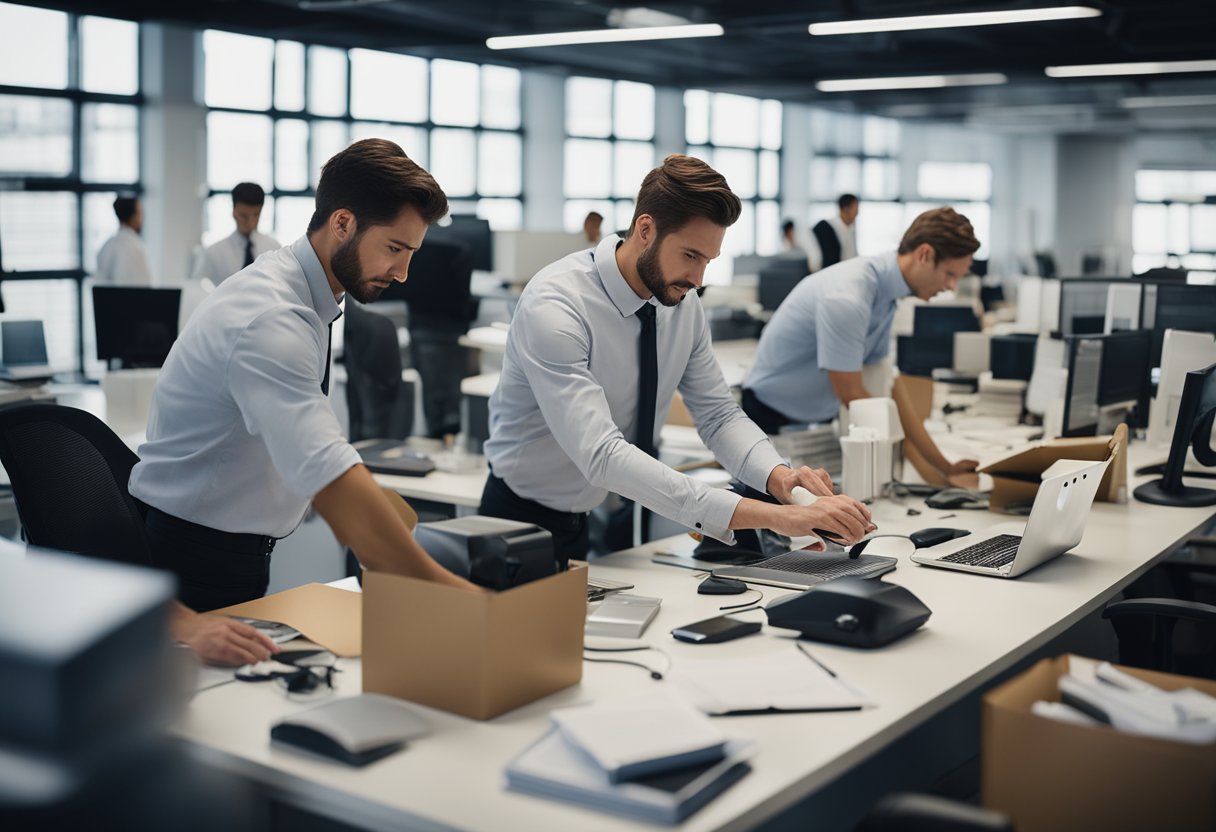 Workers removing clutter, fixing technology, and streamlining processes in a busy office setting
