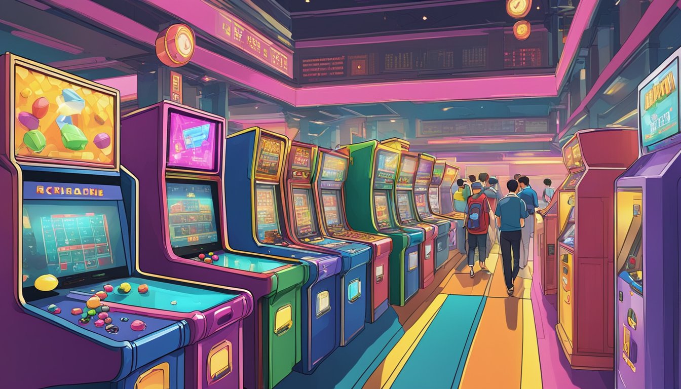 A bustling arcade with colorful signage and rows of gaming machines in Singapore's Exchange