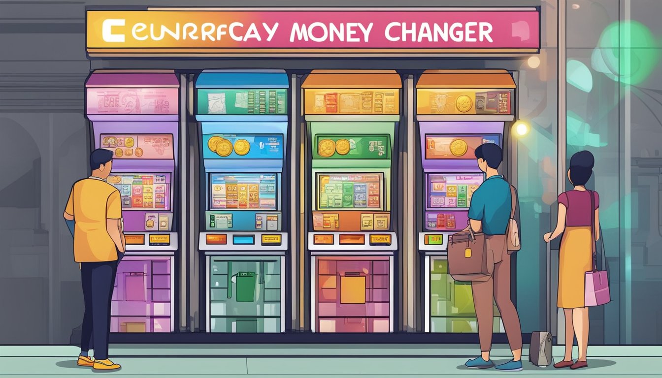 A colorful arcade money changer in Singapore with various currency exchange essentials displayed, including currency notes, coins, and exchange rate information
