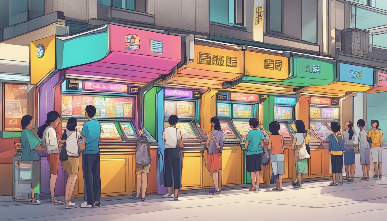 A bustling Singapore arcade with colorful money changer booths and customers exchanging currency