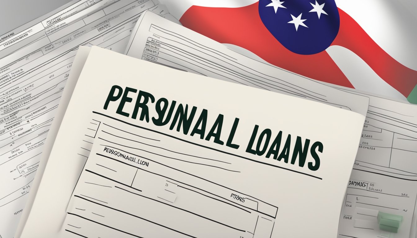 A stack of financial documents with "Personal Loans" and "Taxation" highlighted, set against the Singaporean flag