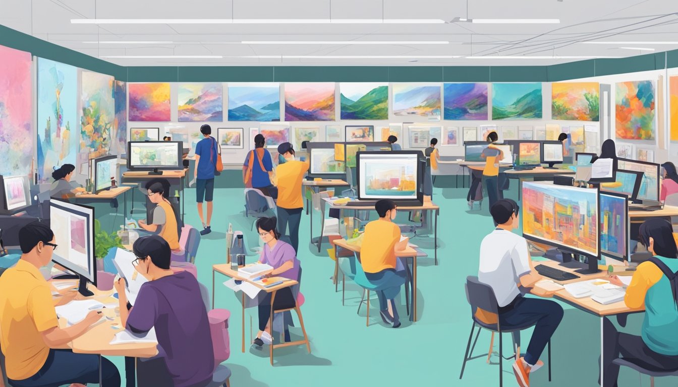 A bustling art quick test center in Singapore, with colorful artworks on display and artists working diligently