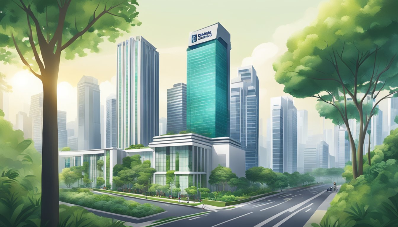 A modern building with the Association of Banks in Singapore logo, surrounded by lush greenery and a bustling cityscape in the background