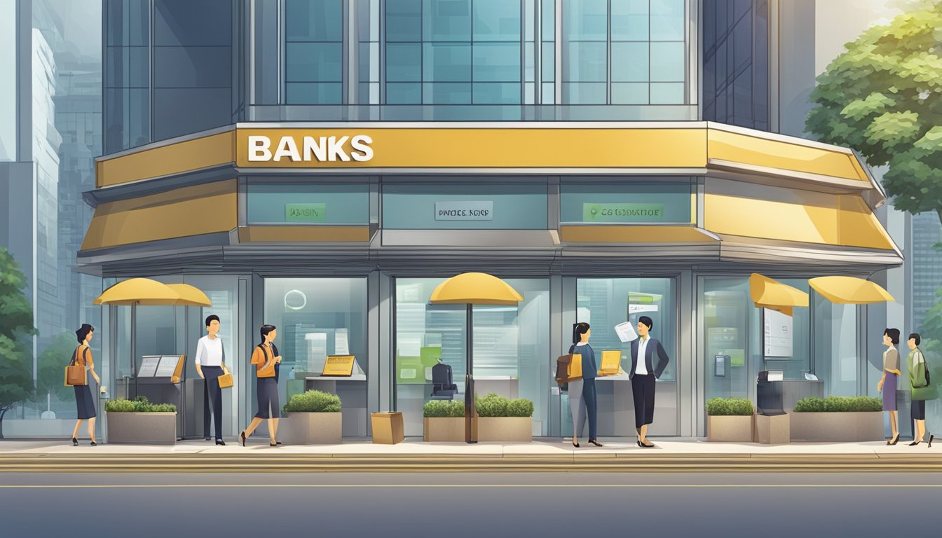 A group of banks in Singapore, with a prominent "Frequently Asked Questions" sign, serving customers and providing information