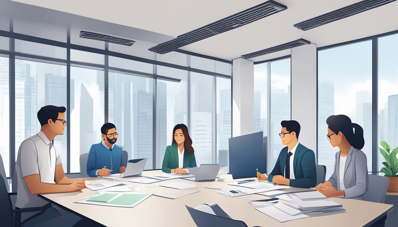 A bright, modern office setting with a diverse group of professionals discussing and reviewing documents related to assurance package eligibility in Singapore
