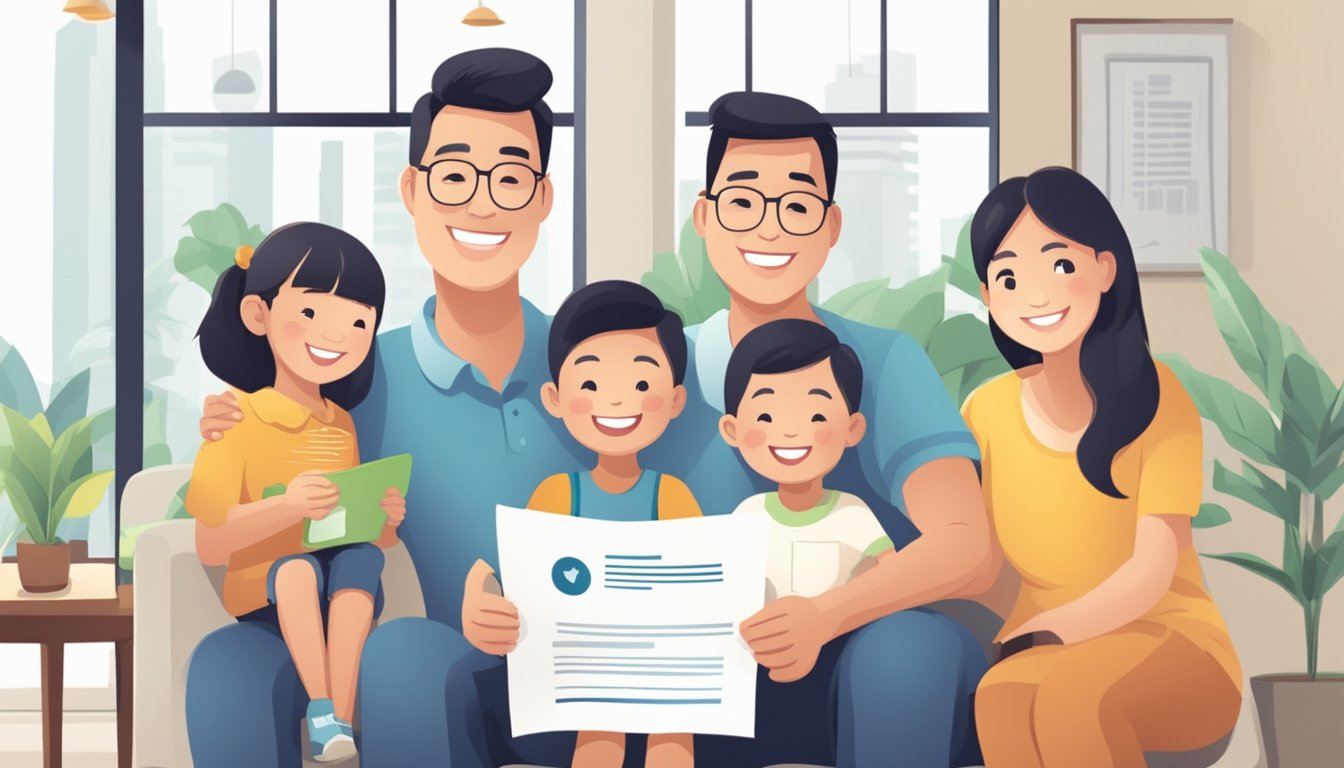 A smiling family receives a document labeled "Financial Benefits and Payouts Assurance Package Eligibility Singapore" from a representative