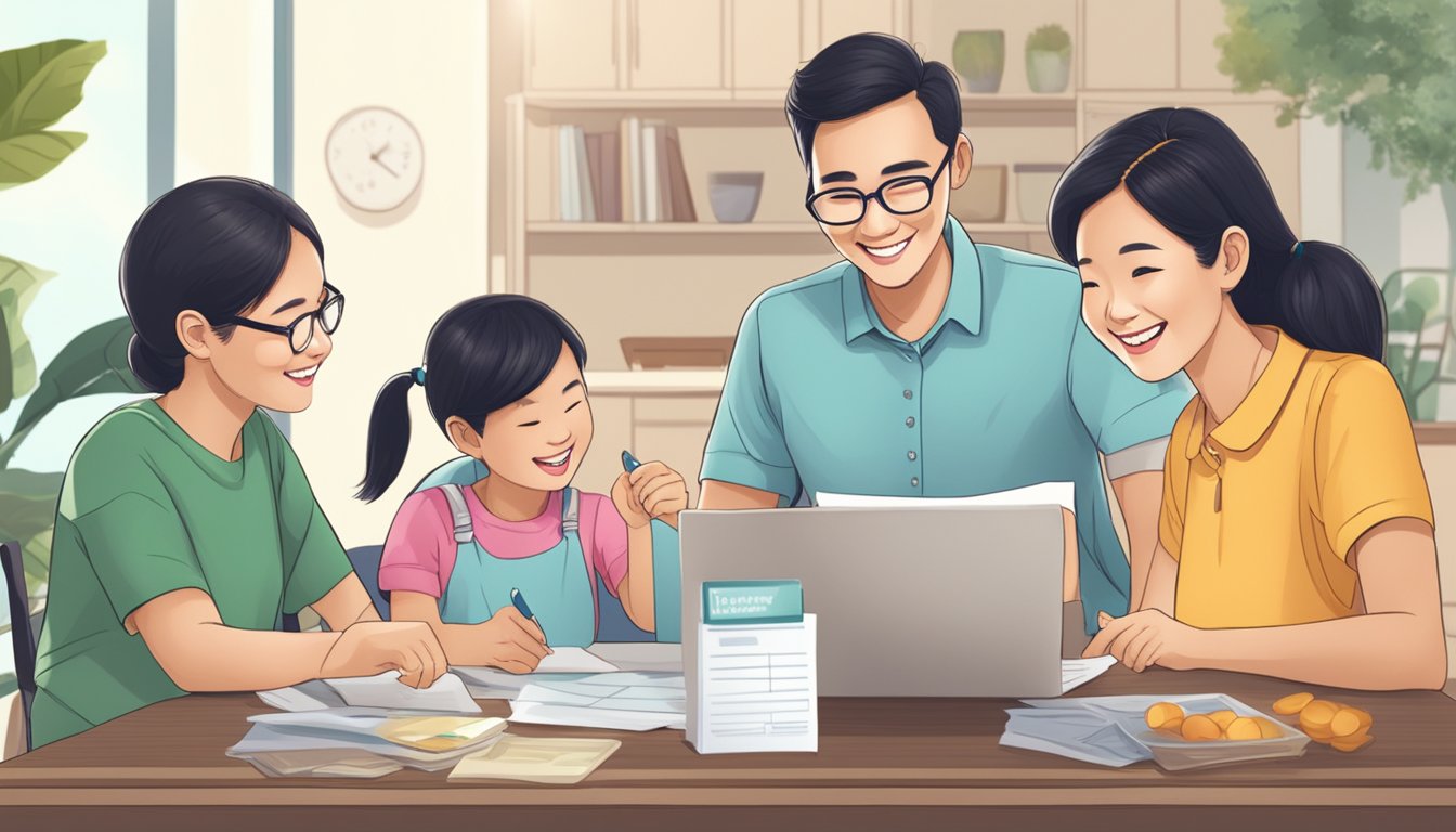 The scene depicts a family budgeting and smiling as they receive the Assurance Package, easing their cost of living in Singapore