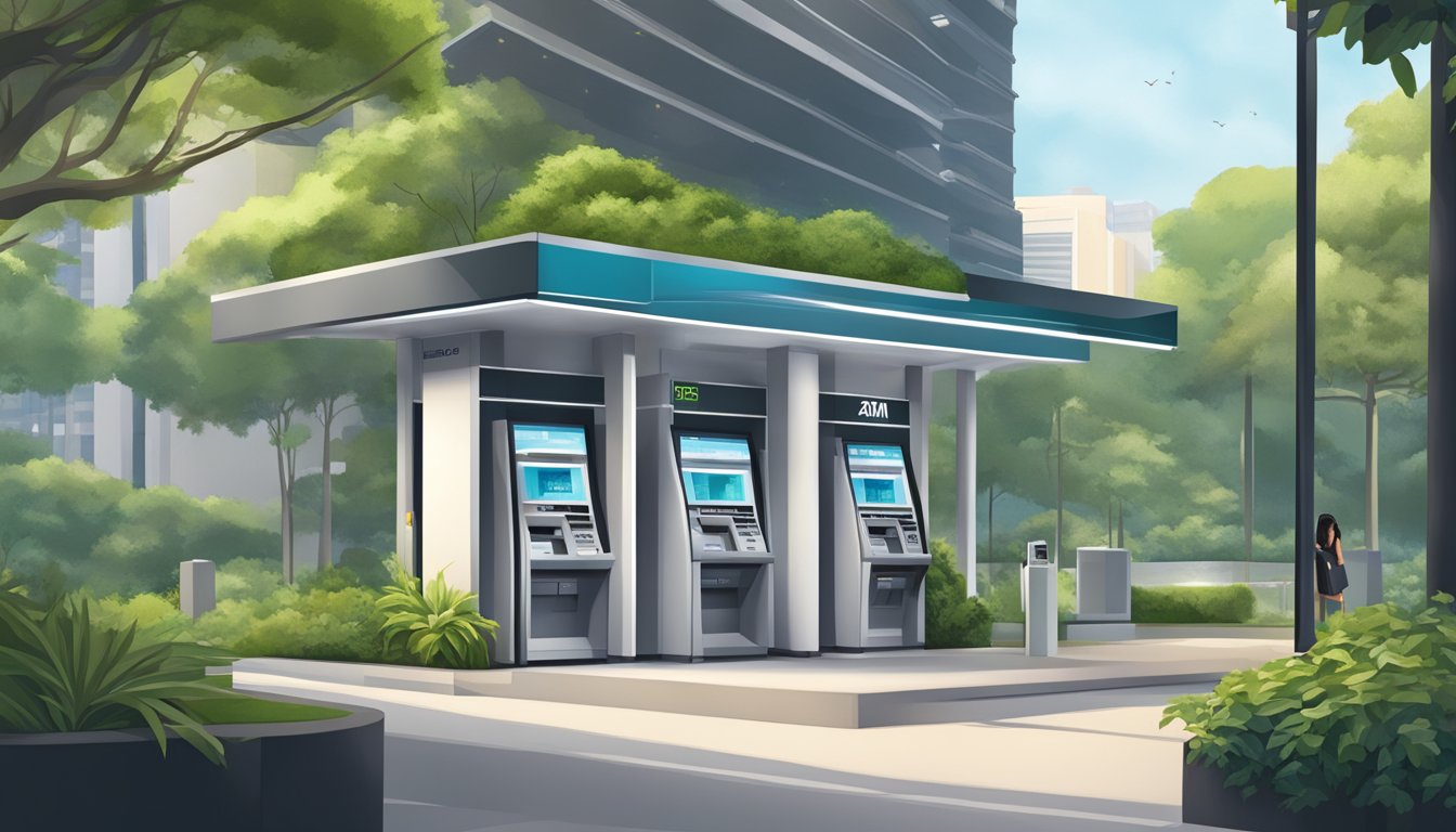 A modern ATM in Singapore, surrounded by sleek architecture and lush greenery