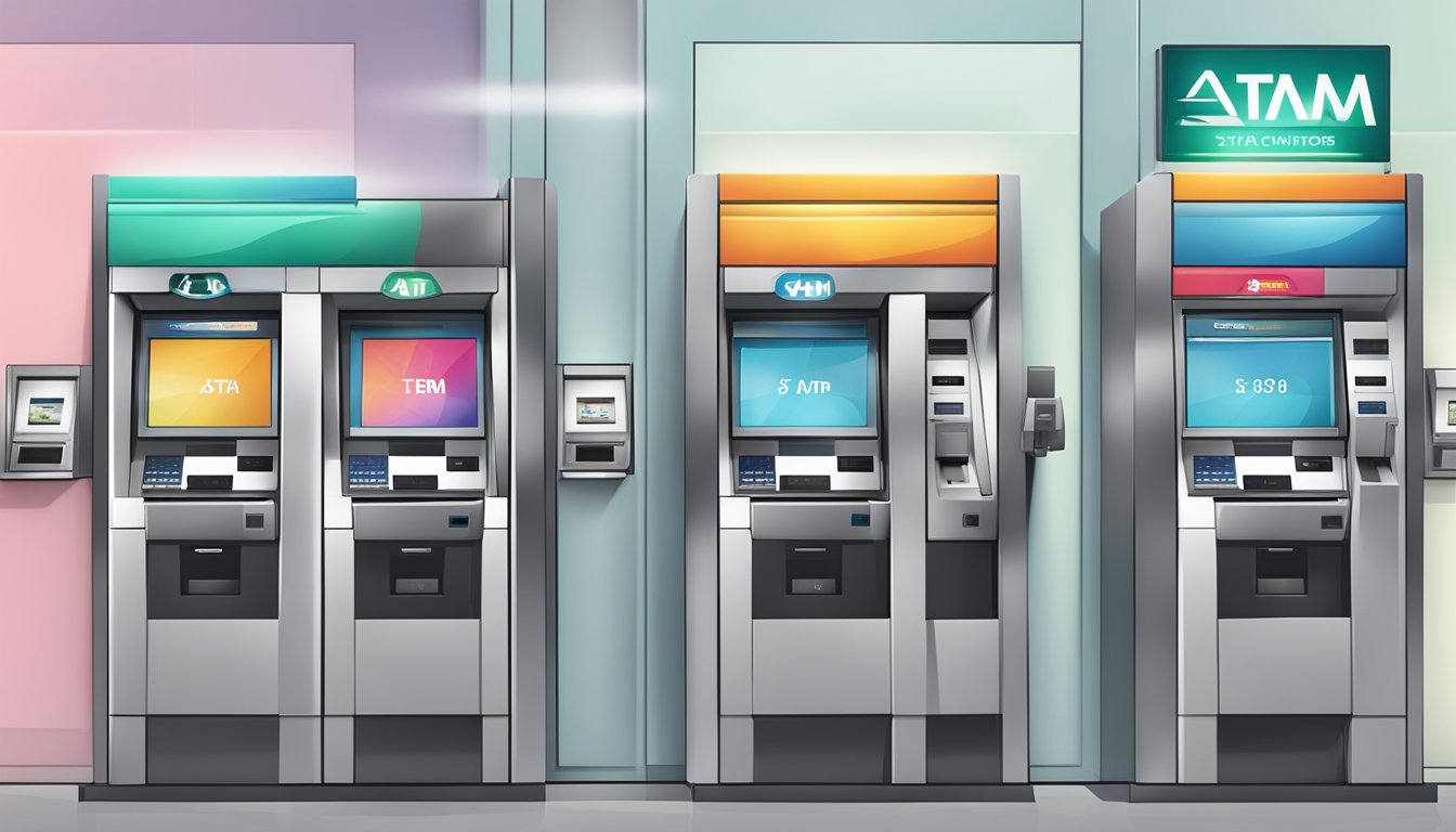 A row of ATM machines in Singapore with clear signage and accessible keypad and card slot