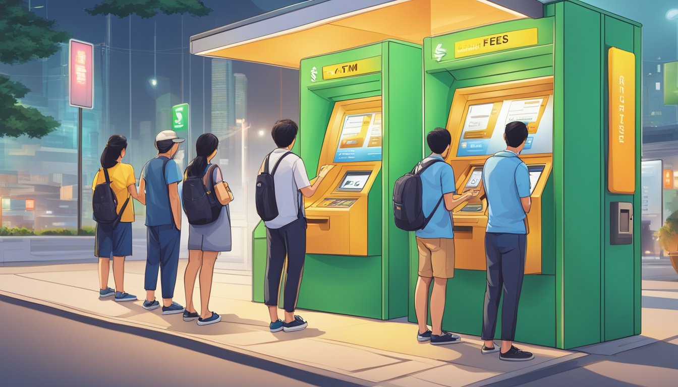People at an ATM in Singapore, reading and understanding the fees and terms of use