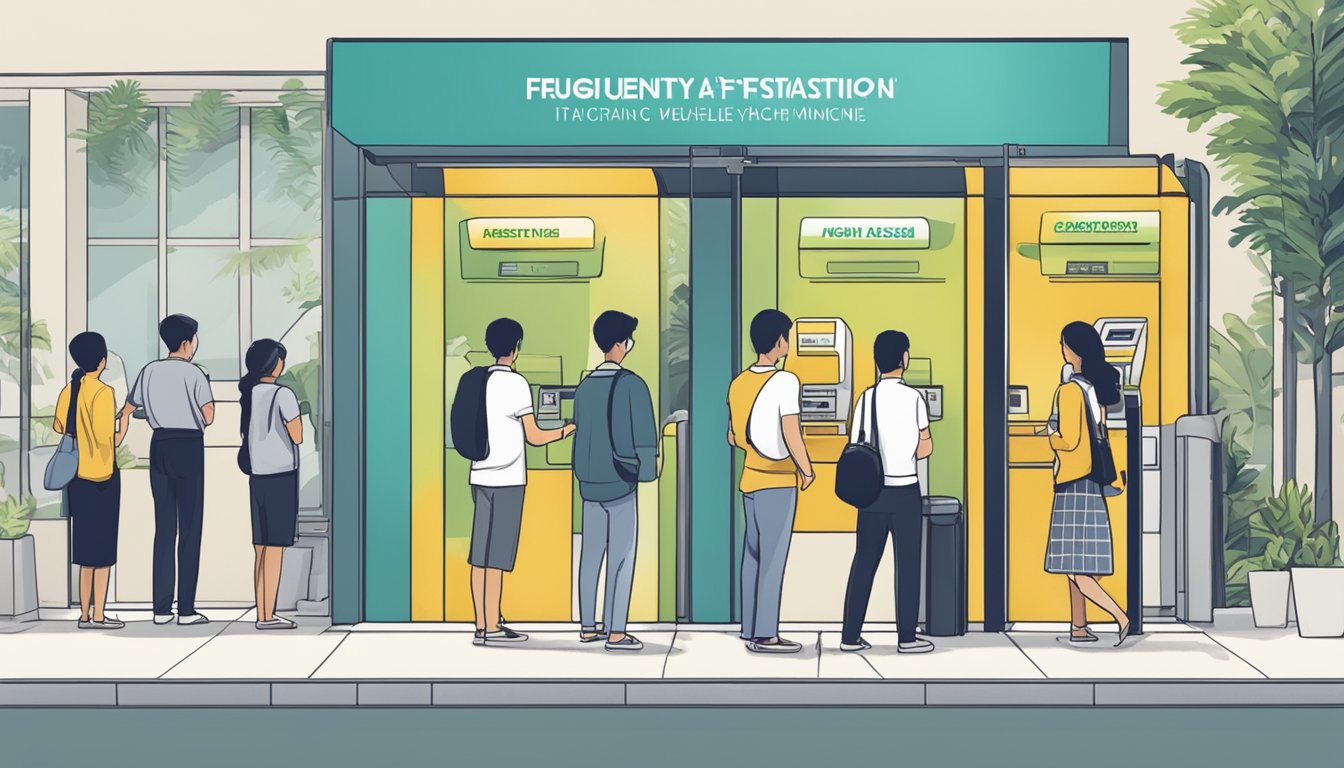 A line of people waiting at an ATM in Singapore, with a sign reading "Frequently Asked Questions" above the machine