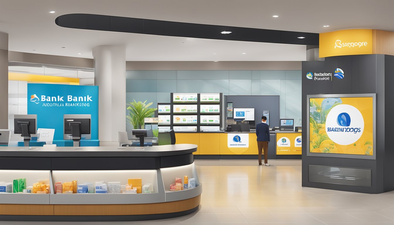 Australian bank logos displayed at a modern counter in a Singapore branch, with signs advertising various banking services