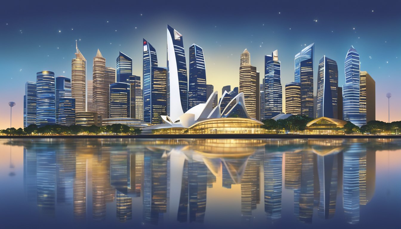 Australian bank logos shine in Singapore skyline, symbolizing financial strength and success. Stocks soar, and buildings stand tall, depicting stability and growth