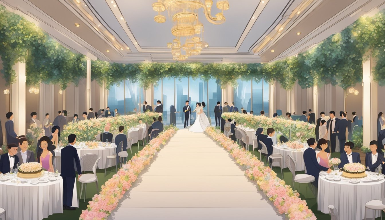 A wedding banquet in Singapore, with elegant decor, floral centerpieces, and a grand cake. Guests in formal attire mingle and celebrate