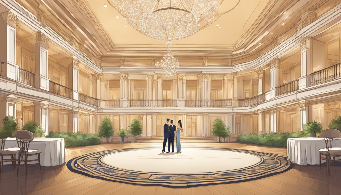 A couple stands in front of a grand ballroom, comparing prices on a tablet. The venue is filled with elegant decor and natural light