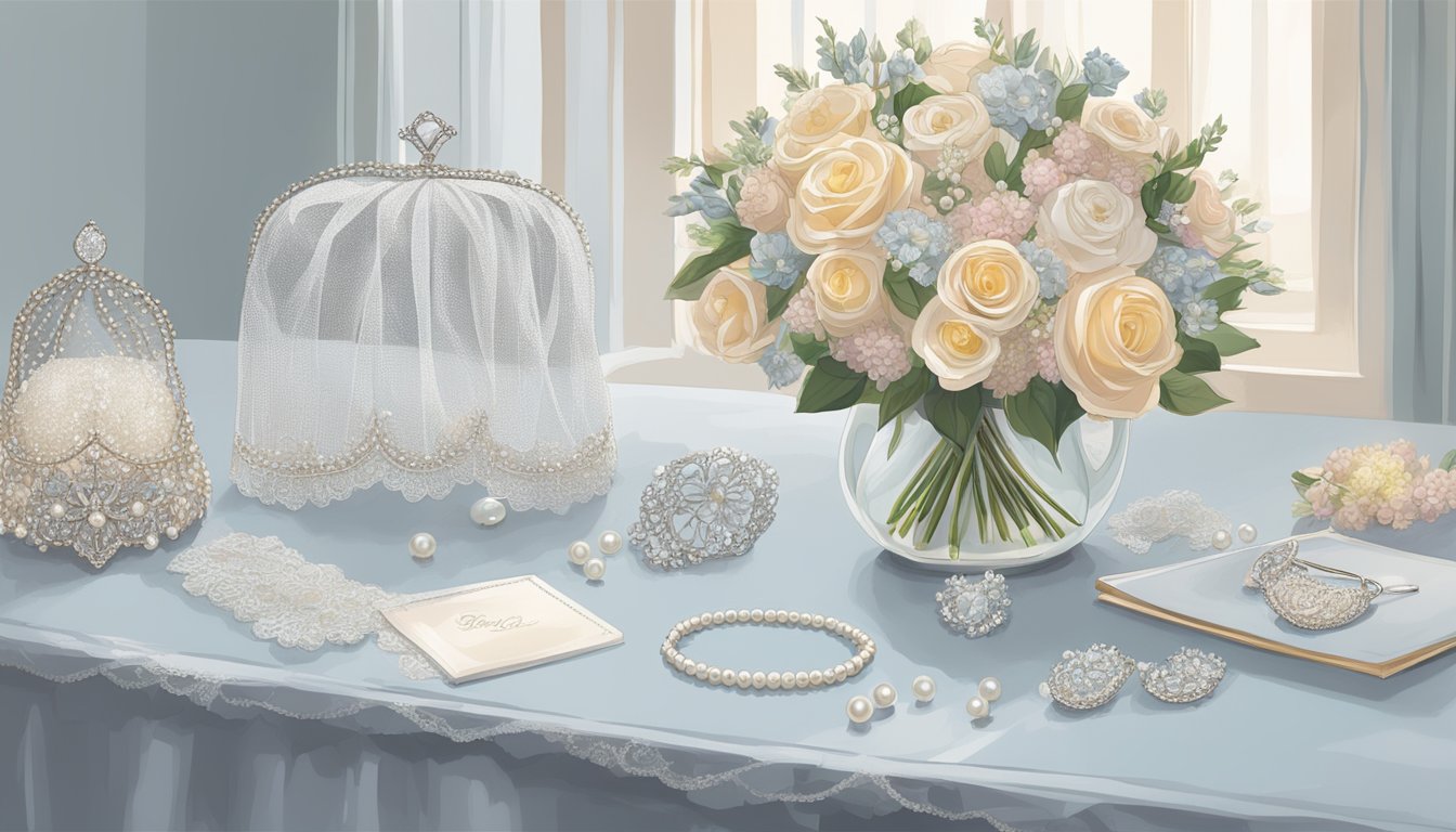 A bride's accessories laid out on a table, including a sparkling tiara, delicate pearl earrings, and a lace-trimmed veil. A bouquet of fresh flowers sits nearby, ready to be held