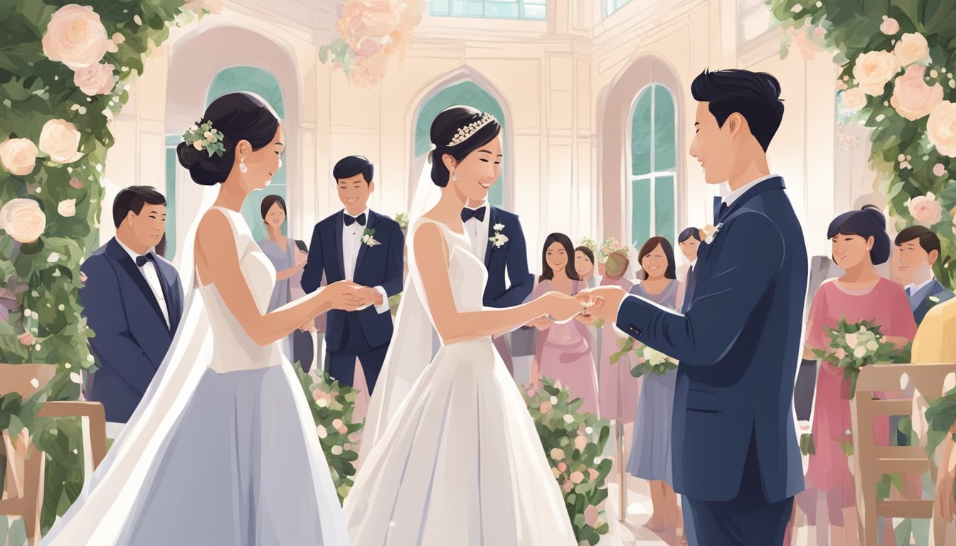 A bride and groom exchanging rings at a beautifully decorated wedding venue in Singapore, surrounded by family and friends