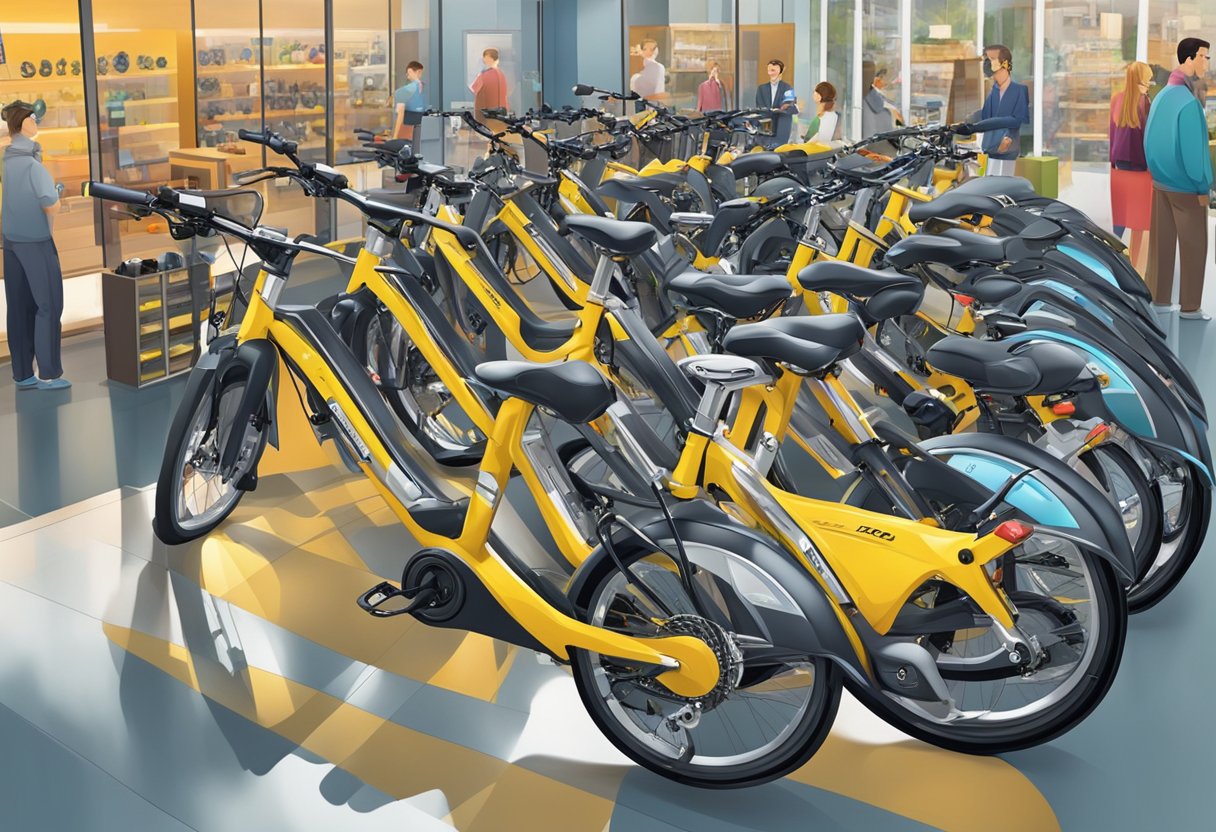 A display of electric bikes with price tags, surrounded by customers and sales staff