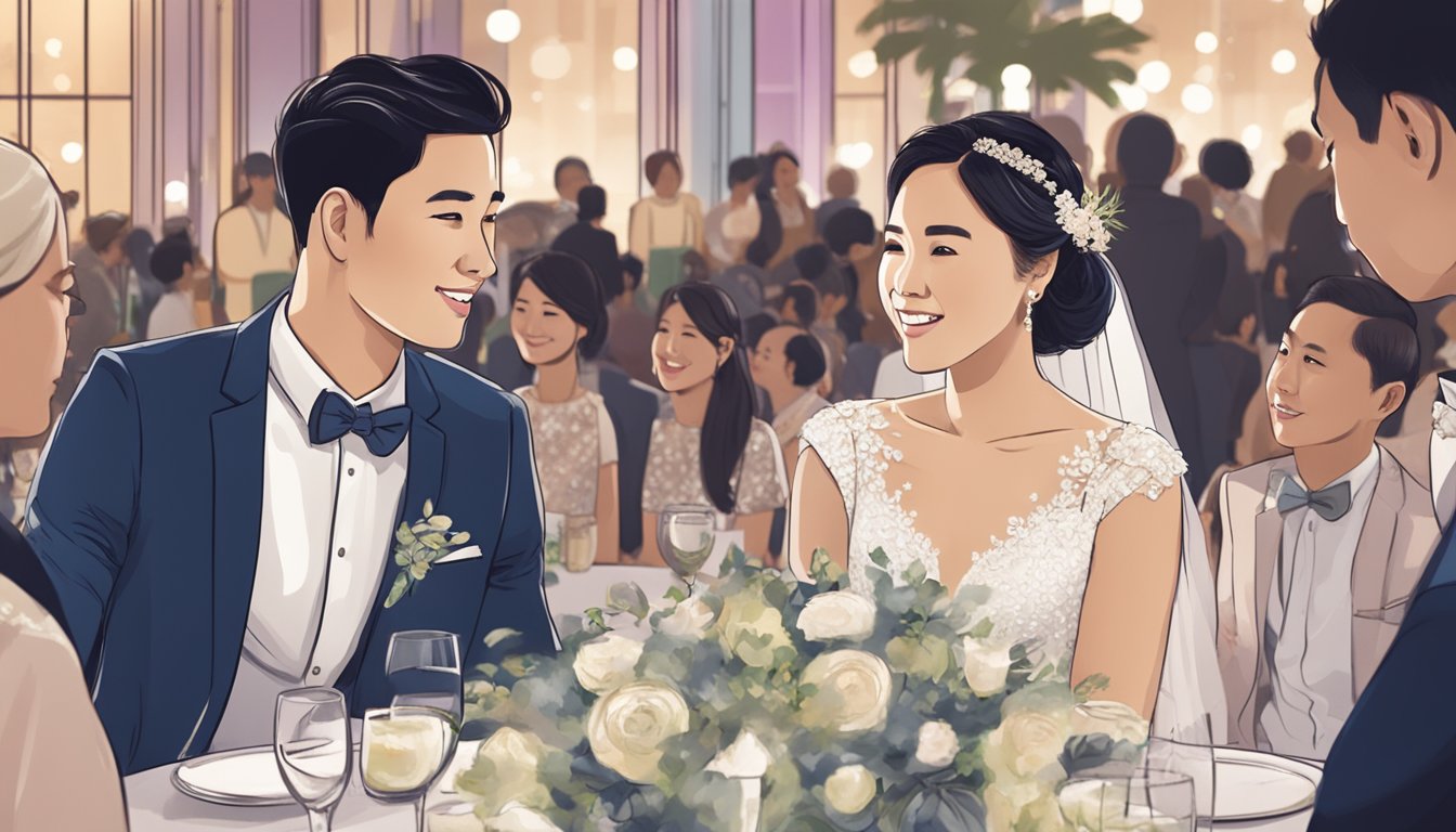 A bride and groom sit at a table, surrounded by wedding vendors, discussing the average cost of a wedding in Singapore