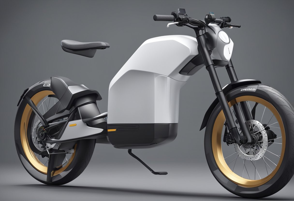 An electric bike is shown with a focus on its performance and features. The bike is displayed in a sleek, modern setting, highlighting its speed and advanced technology