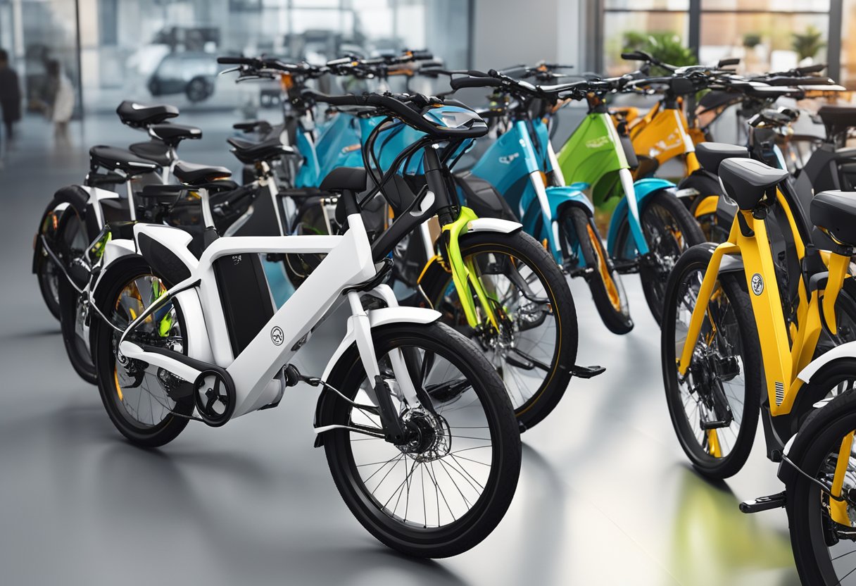 Electric bikes of various brands and models displayed in a showroom with price tags