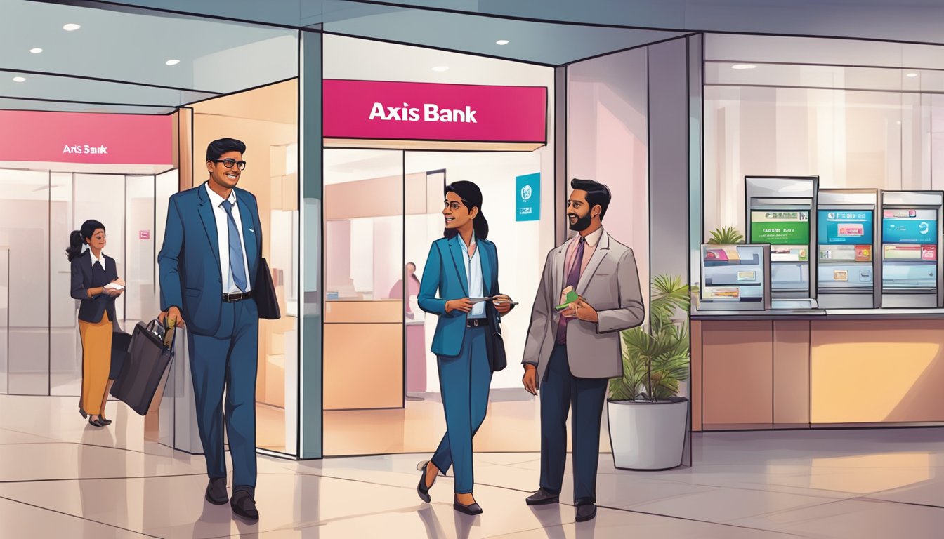 An NRI walks into Axis Bank Singapore, greeted by a friendly teller. They discuss banking services and exchange currency