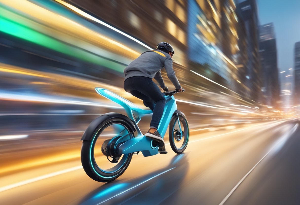 An electric bike zooms down a city street, reaching its maximum speed with a blur of motion