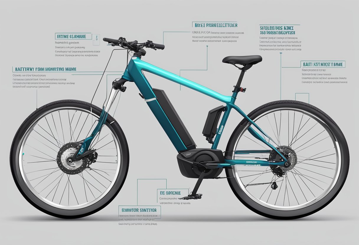 An electric bike displayed with its key components labeled, such as the battery, motor, and frame. Price tag visible