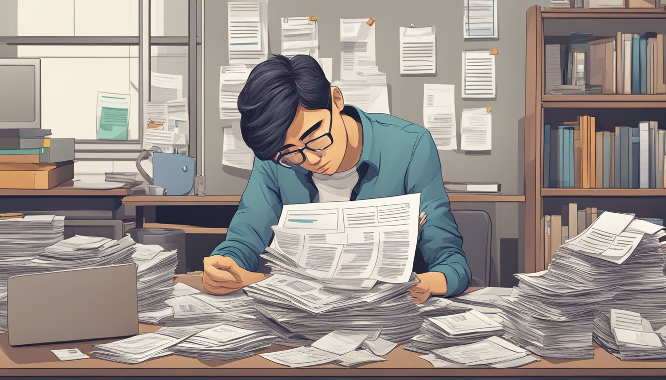 A person in distress sitting at a cluttered desk, surrounded by unpaid bills and a stack of loan rejection letters from various banks in Singapore