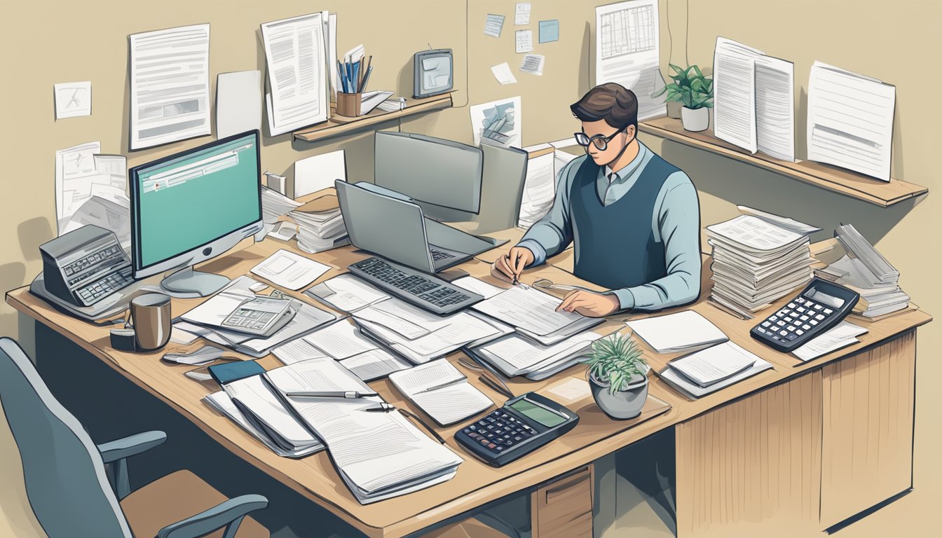 A person sitting at a desk surrounded by paperwork, a computer, and a calculator. They are carefully reviewing loan documents and making notes on a notepad