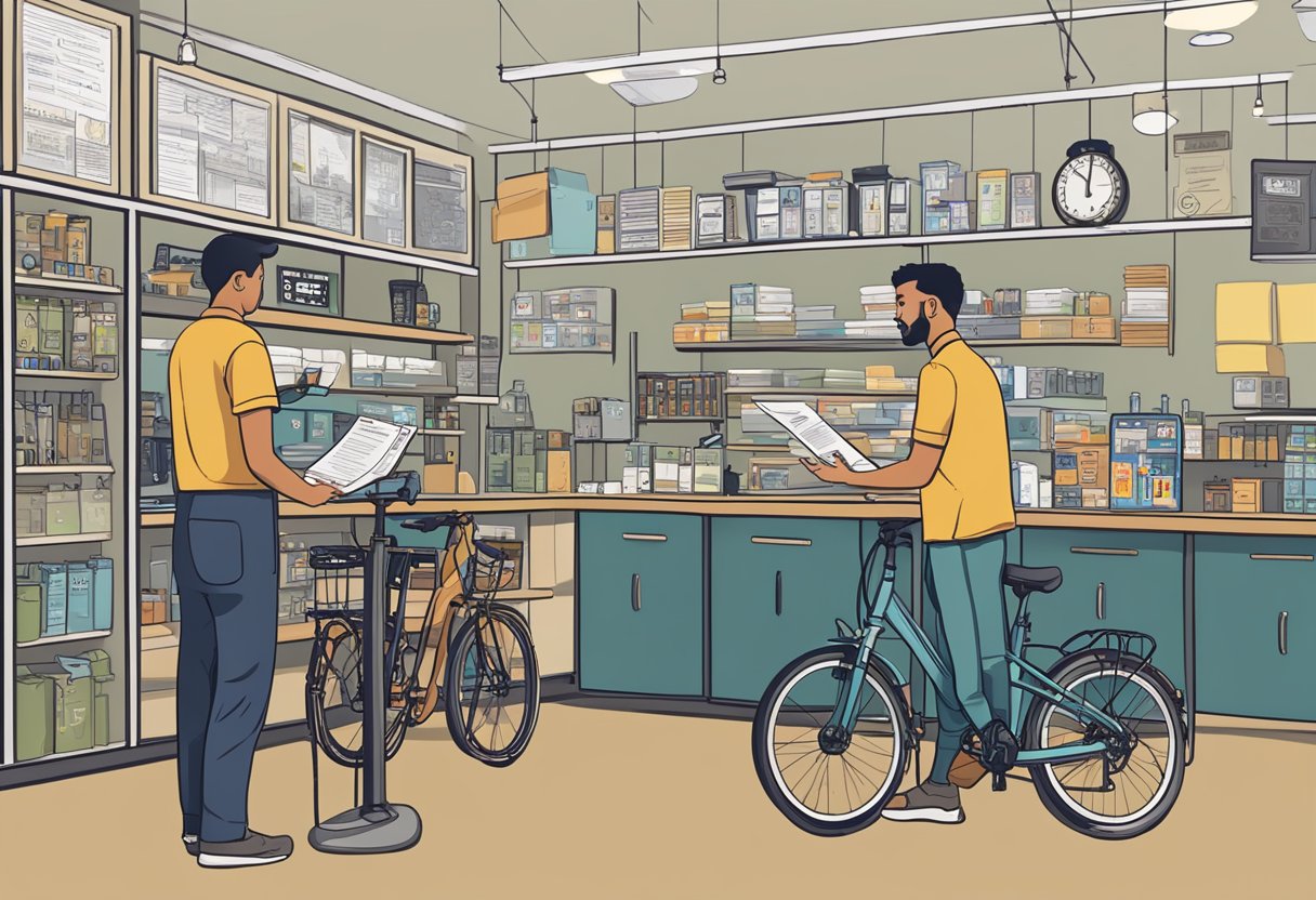 A person standing at a bike shop counter, asking the shop owner if they need a license for an ebike. The shop owner is holding an ebike manual and pointing to a section about licensing requirements