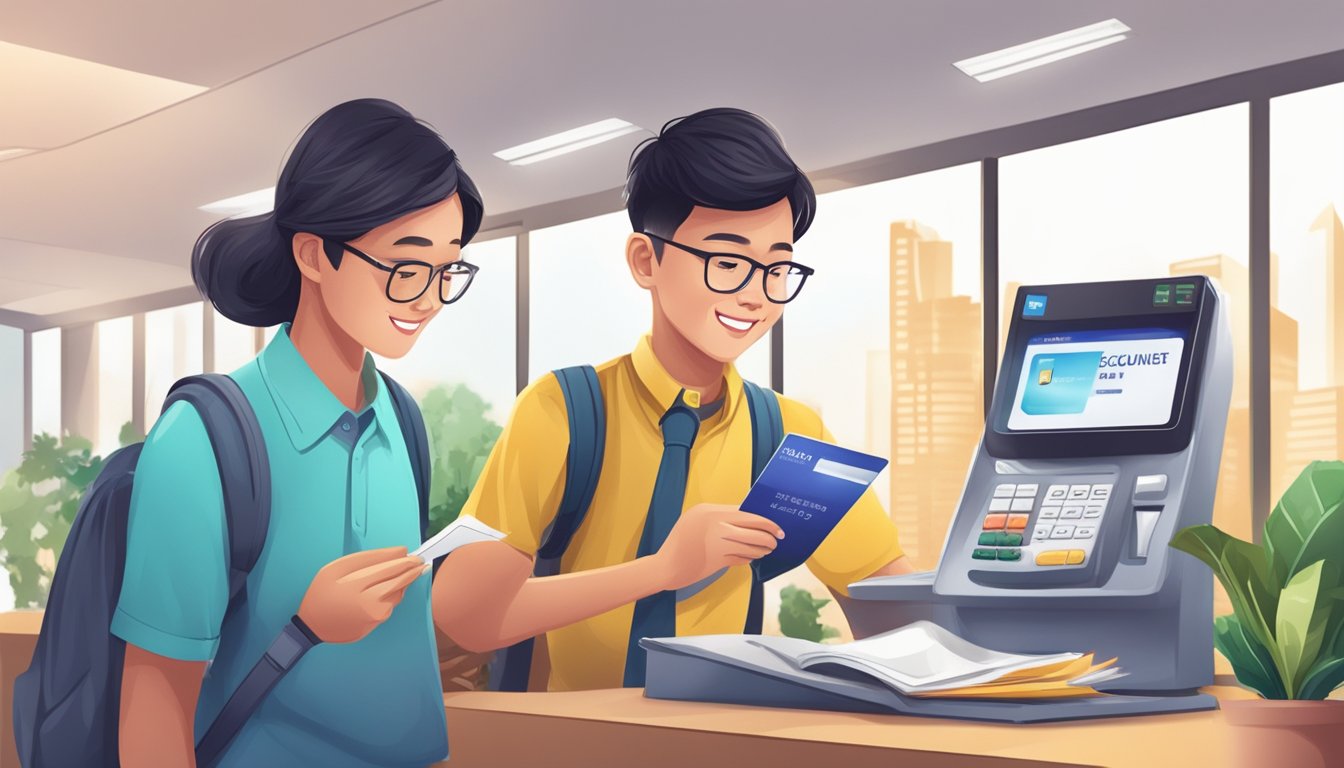 A student in Singapore opens a bank account, receiving a welcome package and a debit card