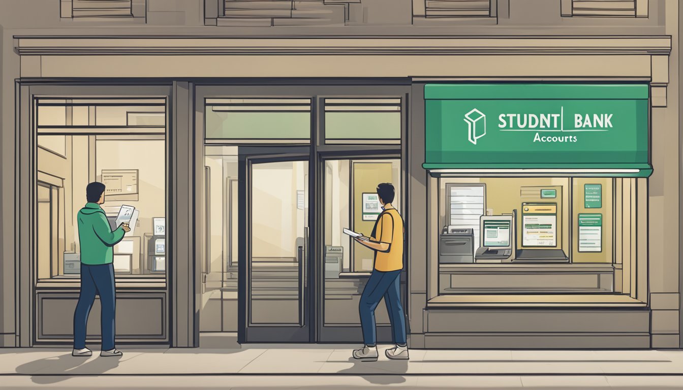 A student holding a student ID and a bank passbook, standing in front of a bank teller window, with a sign indicating "Student Bank Accounts."