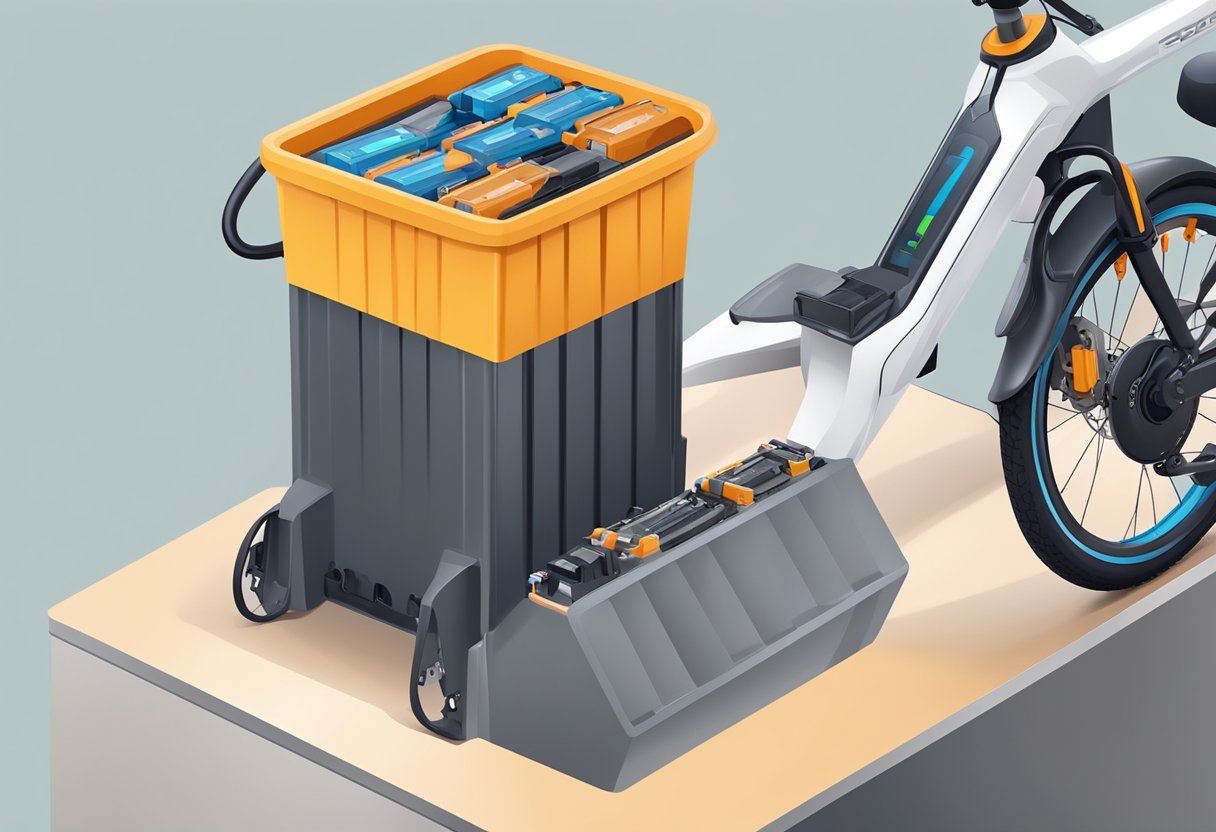 An e-bike battery being removed and placed in a recycling bin, with a new battery being installed into the bike