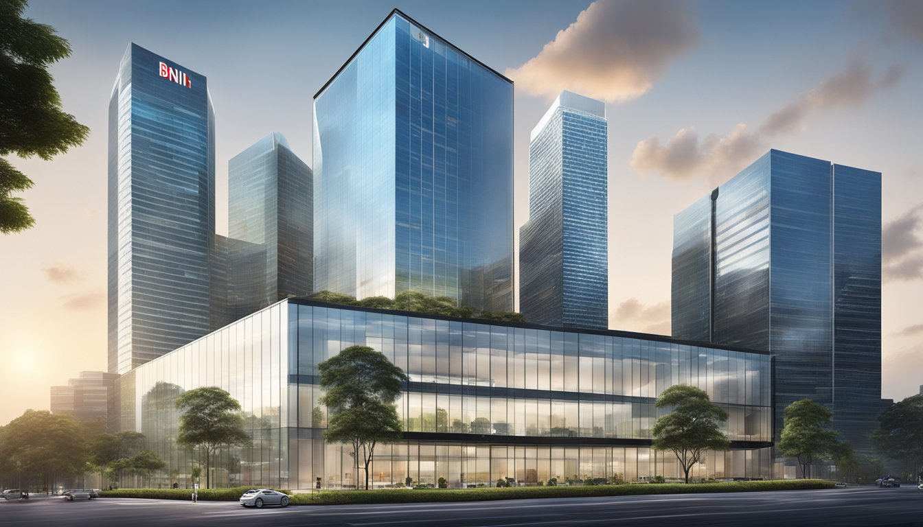 The Bank BNI Singapore building stands tall and modern, with sleek glass walls reflecting the surrounding cityscape