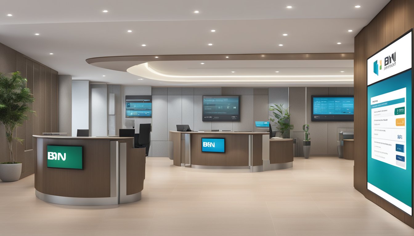 A modern, sleek bank branch with the BNI logo prominently displayed. Digital screens show financial updates and the words "Stay Updated" are highlighted
