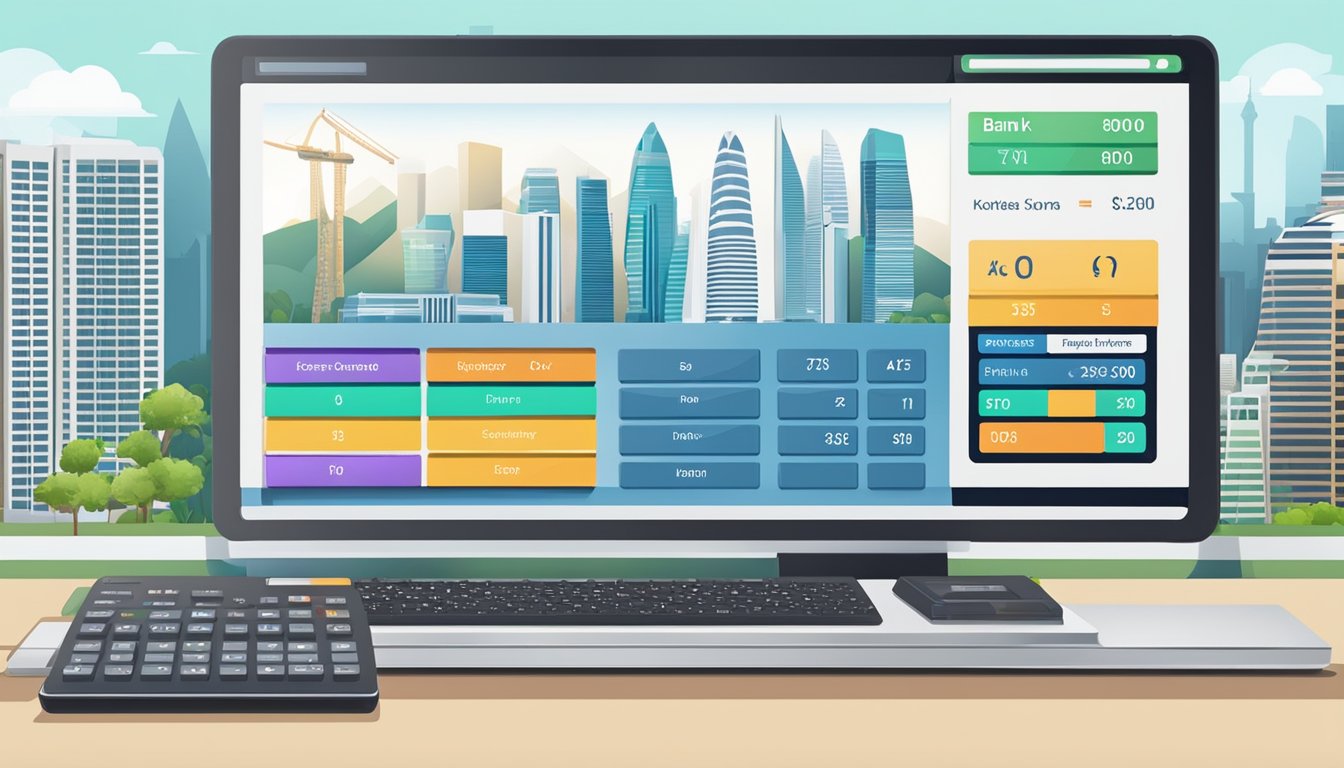 A bank loan calculator displaying on a computer screen with Singapore landmarks in the background