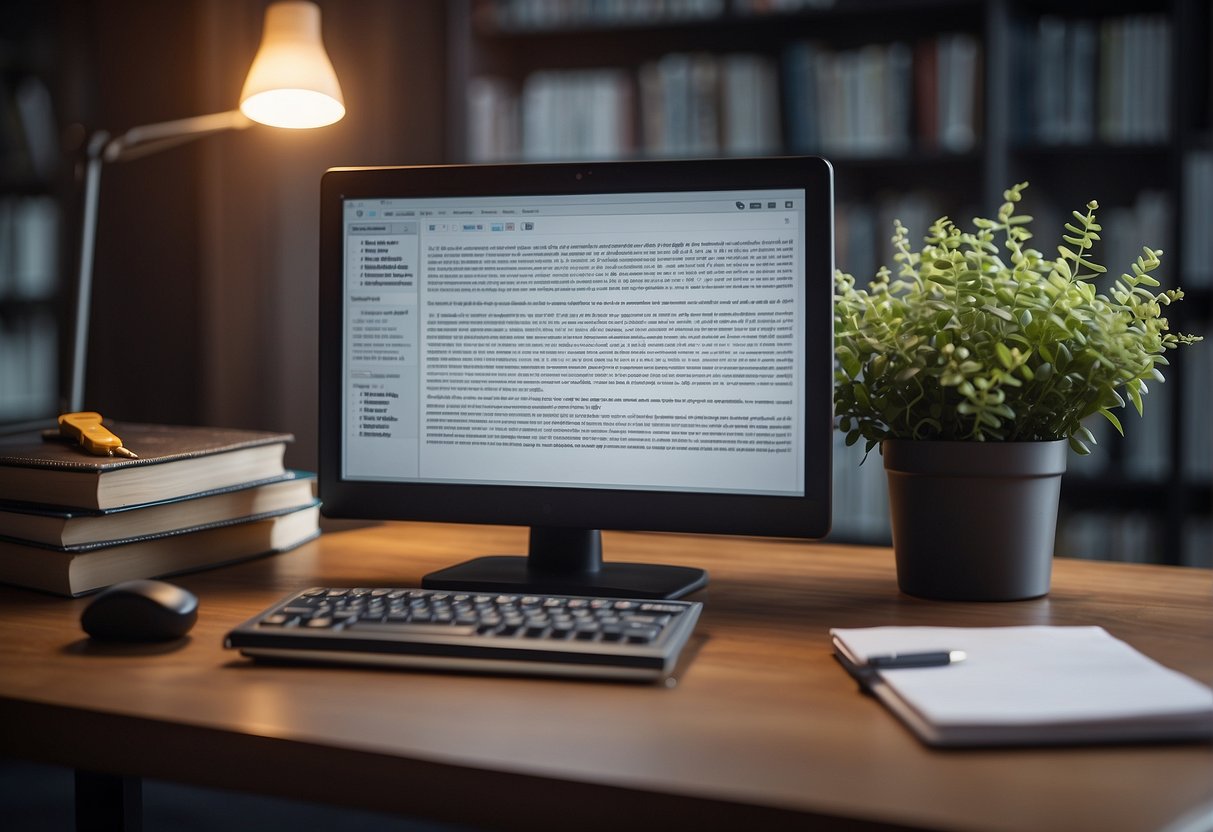 A computer screen displays a series of prompts for writing AI, surrounded by books and a notepad with a pen
