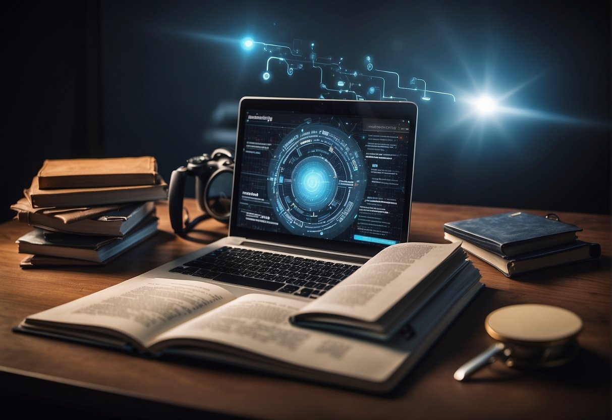 An open book with the title "Understanding AI and Prompts" surrounded by various computer and technology-related objects