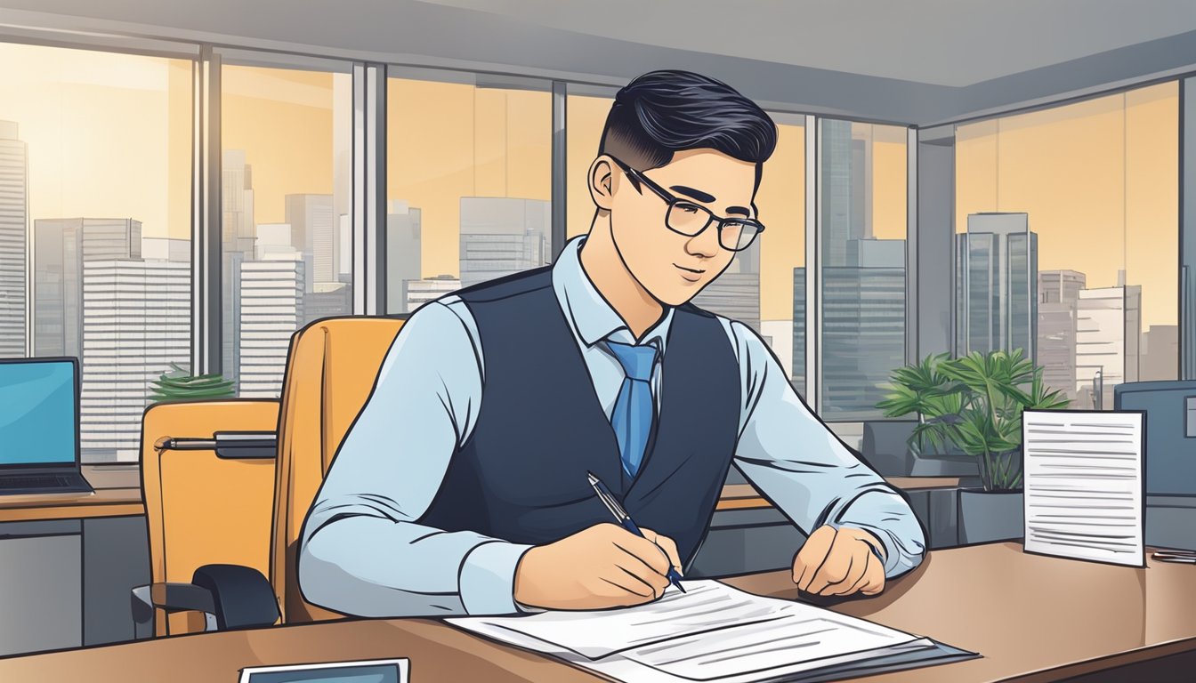 A work permit holder in Singapore sits in a bank office, signing loan documents with a pen. The bank officer reviews paperwork and offers assistance