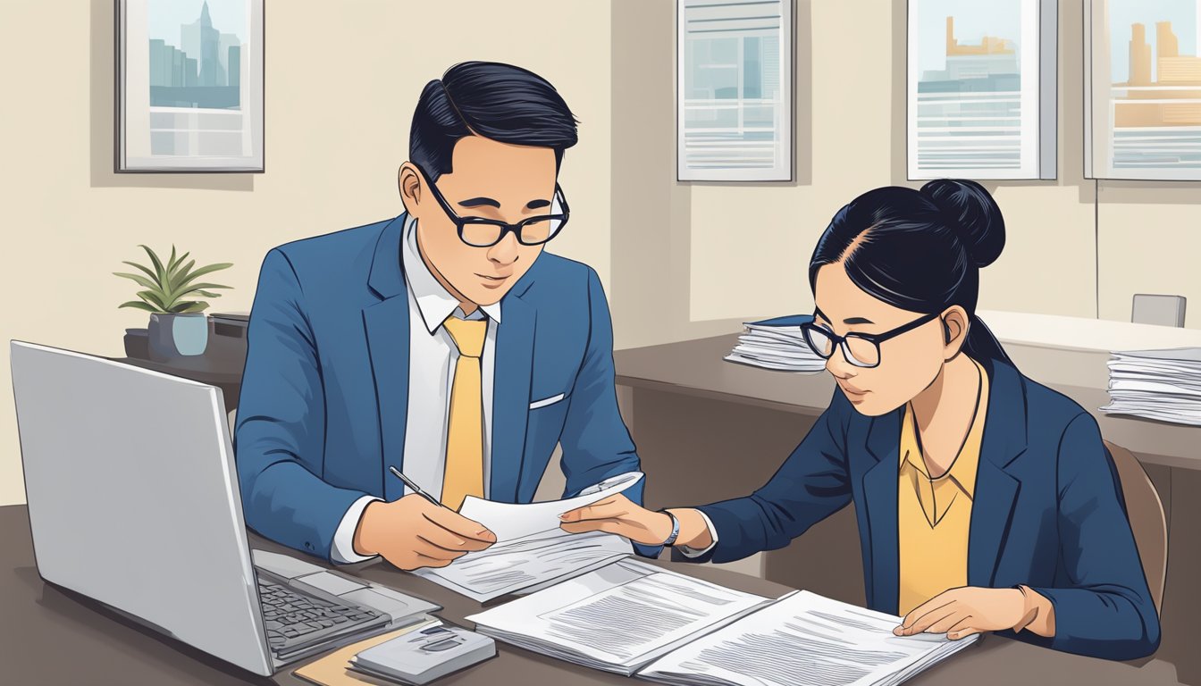 A work permit holder in Singapore sits at a desk, reviewing loan documents with a bank officer. The officer explains terms and conditions while the permit holder listens attentively