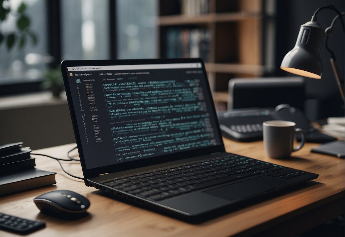 A computer screen displaying various AI prompts with a keyboard and mouse nearby. Books on AI and programming languages are scattered on the desk