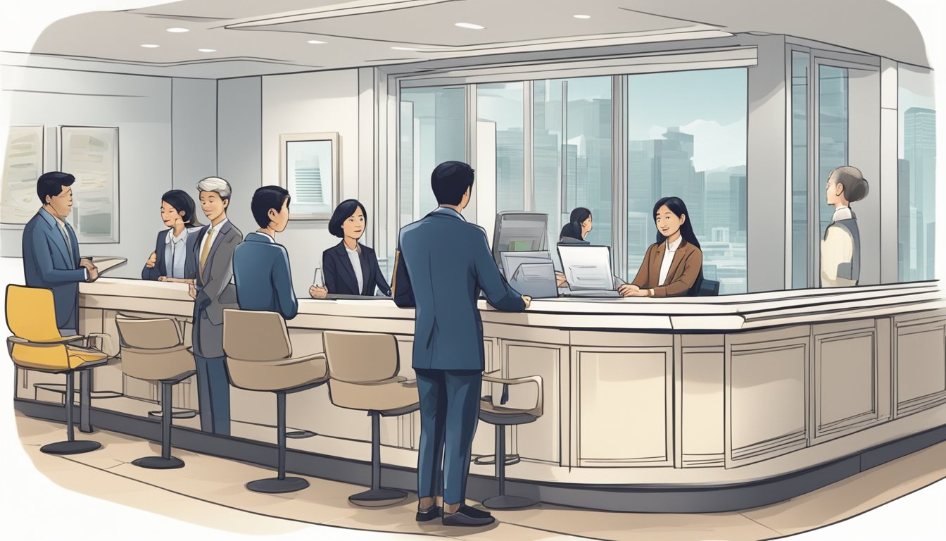 A work permit holder in Singapore visits a bank, asking about loan options. The banker explains the process, while the customer listens attentively