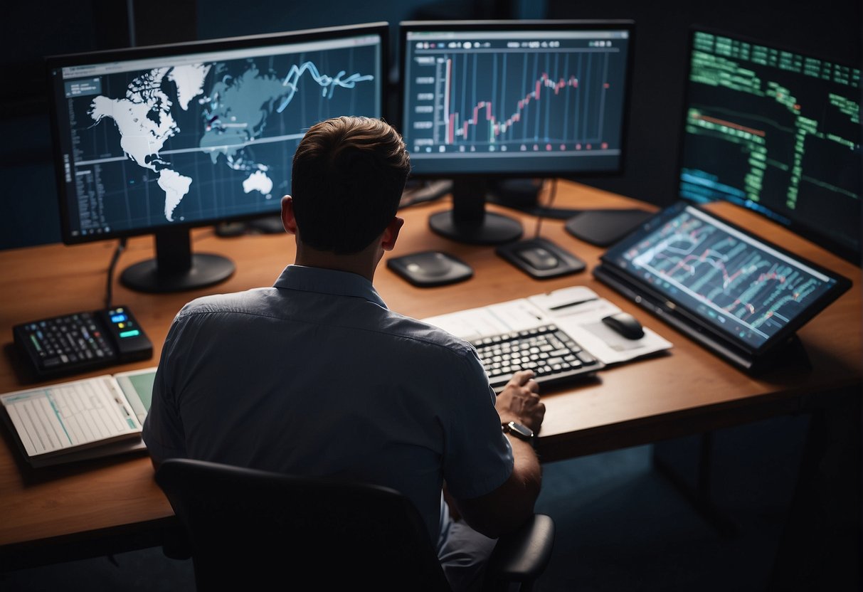 A person analyzing data on a computer screen, surrounded by charts and graphs, with a notebook and pen nearby