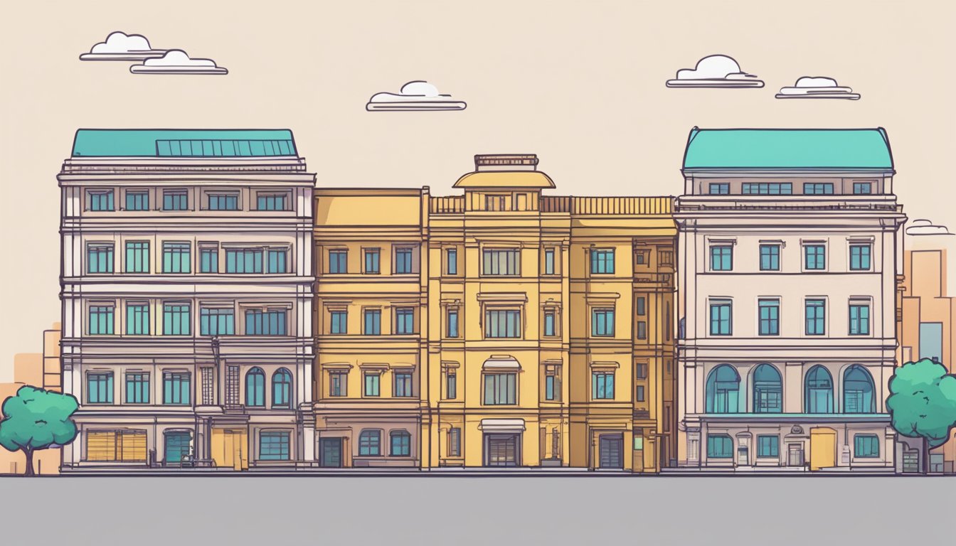 A bank and an HDB building stand side by side, representing the choice between bank loans and HDB loans in Singapore