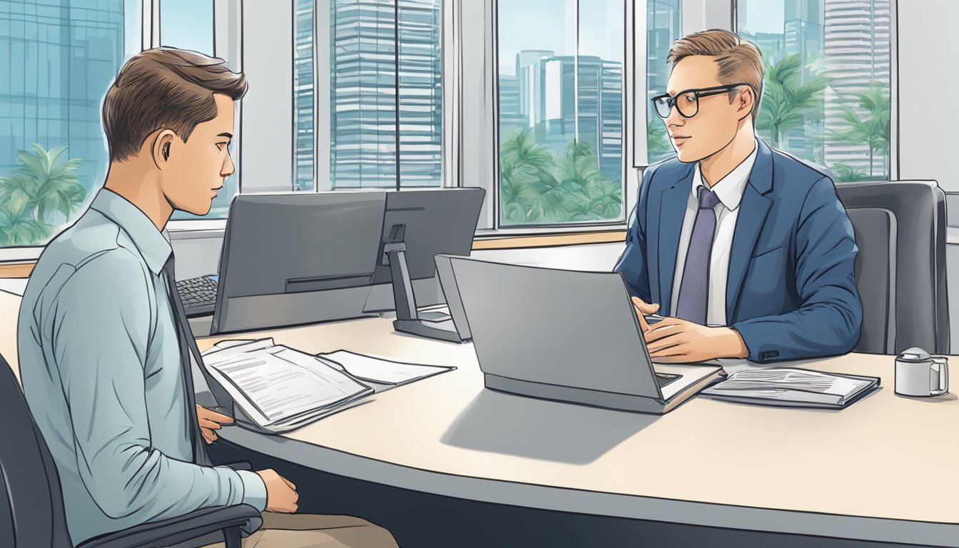 A foreigner sits at a desk in a Singapore bank, discussing loan options with a bank officer. The officer explains the process and requirements for obtaining a bank loan in Singapore